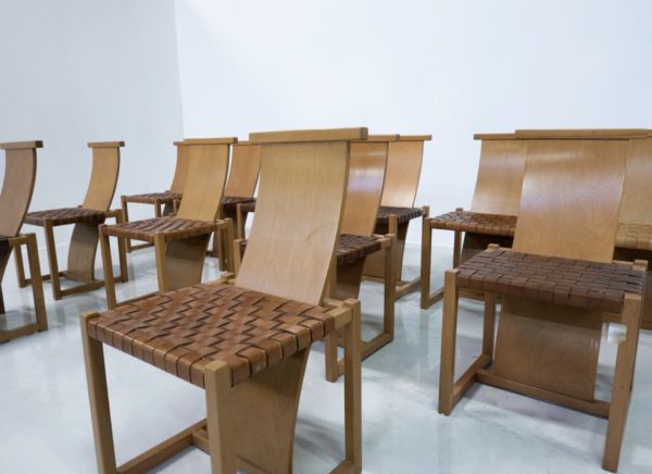 Mid Century Modern Set Of 12 Wood And Leather Chairs, Italy, 1950s photo vintage
