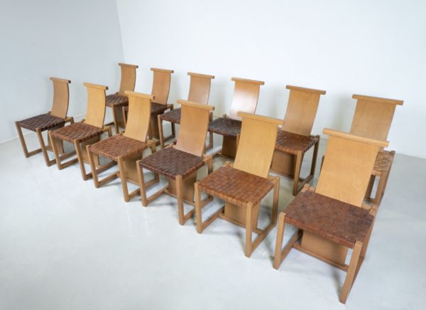 photo furniture Mid Century Modern Set Of 12 Wood And Leather Chairs, Italy, 1950s