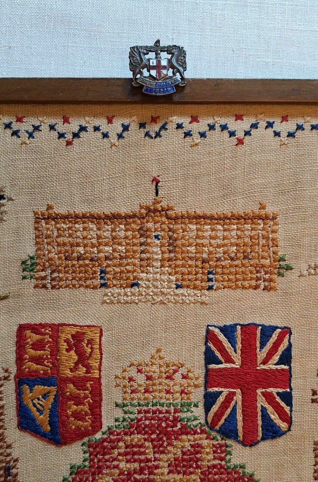 Cross Stitch Signed Coronation Sampler 1937 'Domine Dirige Nos' Top Metal Crest photo Home Decor