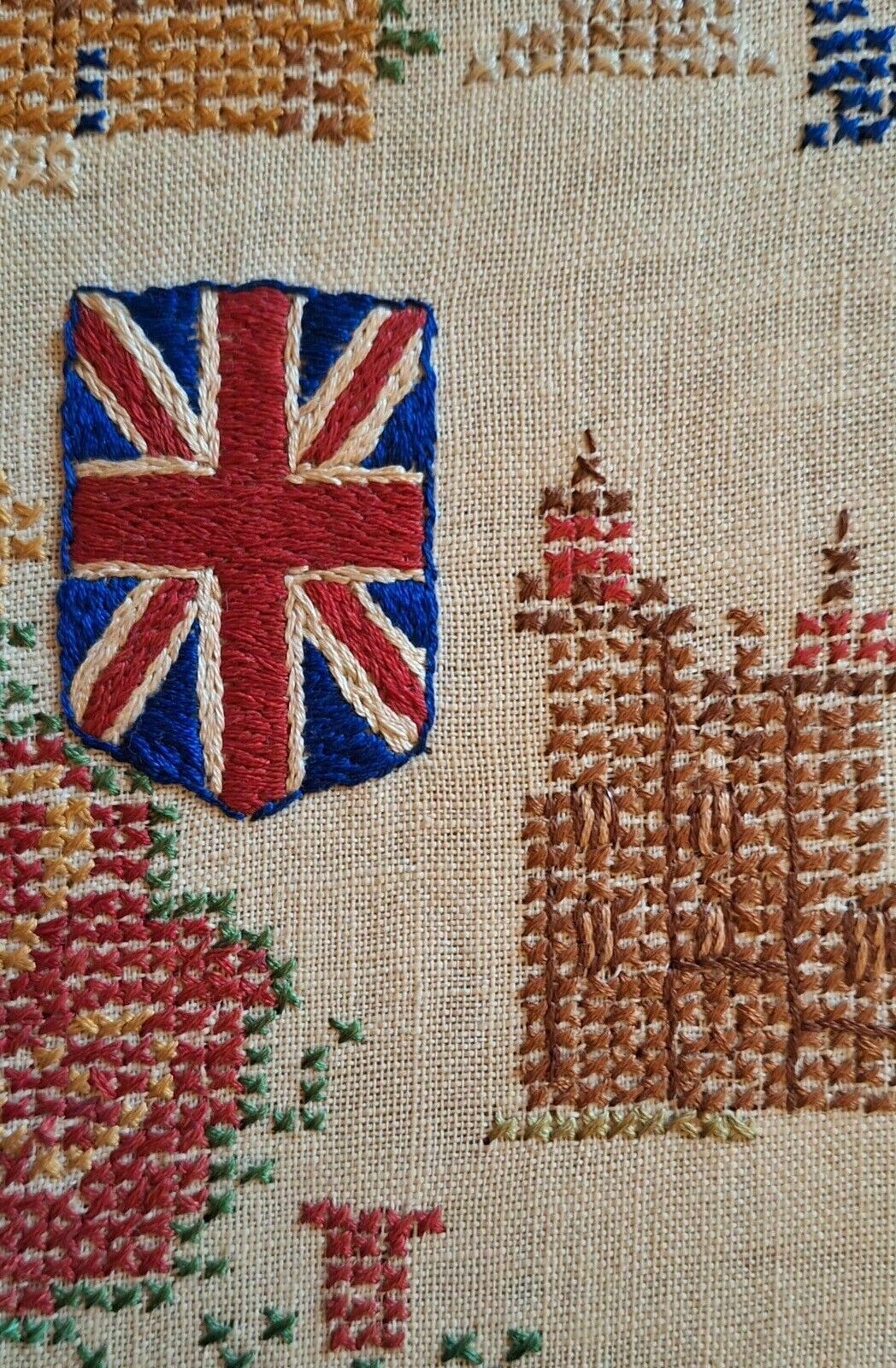 Cross Stitch Signed Coronation Sampler 1937 'Domine Dirige Nos' Top Metal Crest photo 175.0