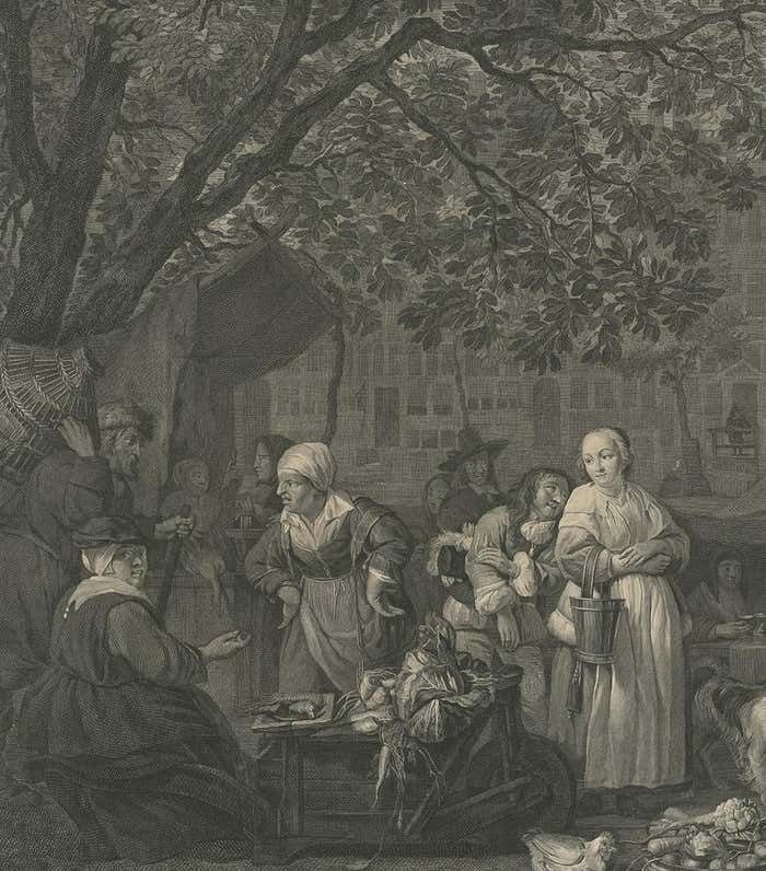 Antique Print Of The Vegetable Market In Amsterdam By David, 1775 photo for sale