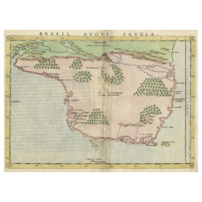 Original Antique Map Of Brasil, Published In The 16th Century