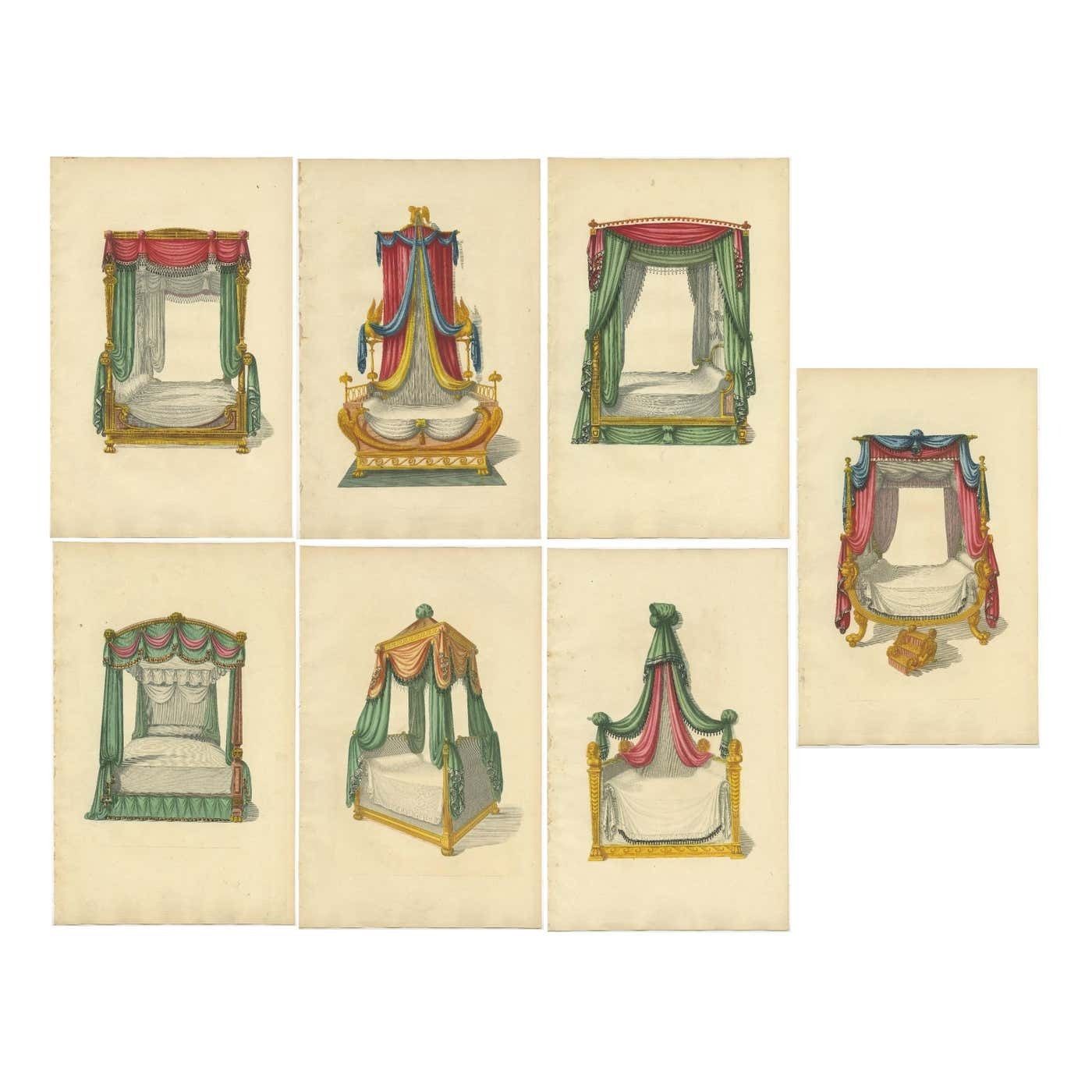 Set Of 7 Antique Prints Of Beds With Drapery By Sheraton '1805'