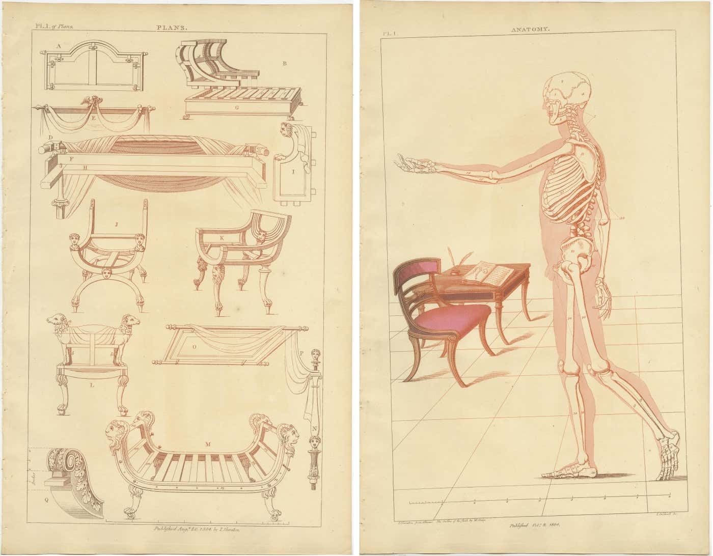 Set Of 2 Antique Prints Of Furniture Designs By Sheraton '1805' photo Art