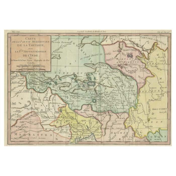 Original Hand Colored Antique Map Of Tartary And Northern India
