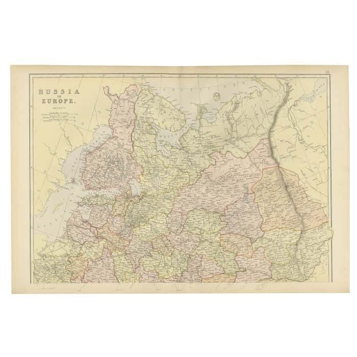 Original Antique Map Of Russia In Europe, 1882