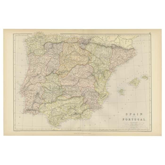Original Antique Map Of Spain And Portugal, 1882