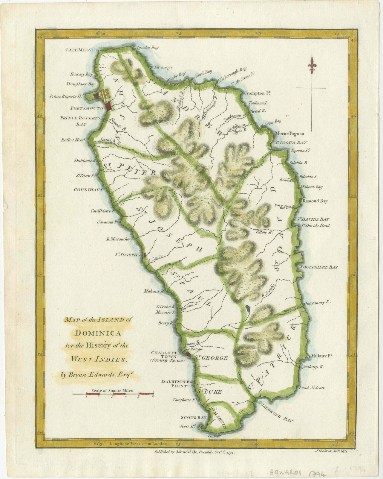 Original Antique Map Of The Island Of Dominica In The West Indies, 1794