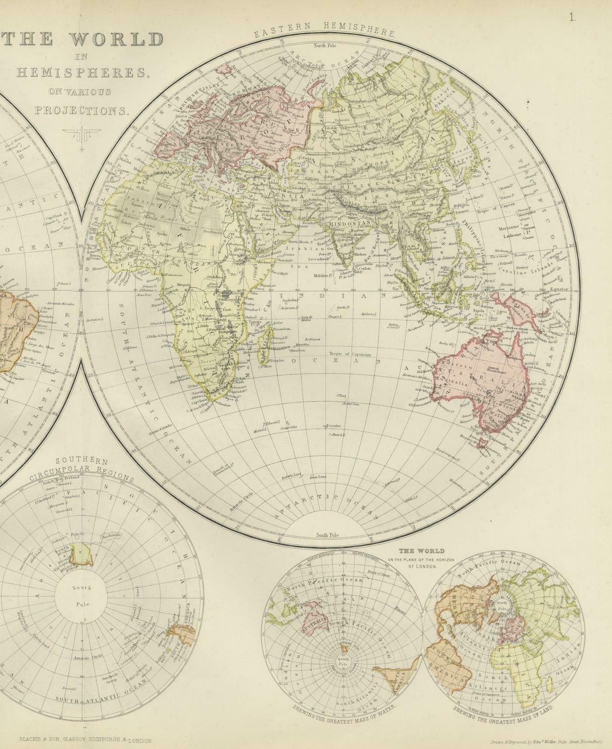 Antique Map Of The World In Hemispheres On Various Projections, 1882 photo furniture