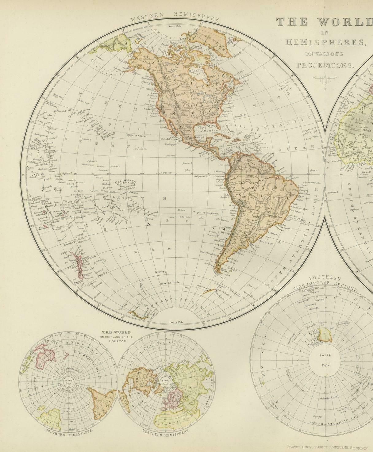 Antique Map Of The World In Hemispheres On Various Projections, 1882 photo for sale