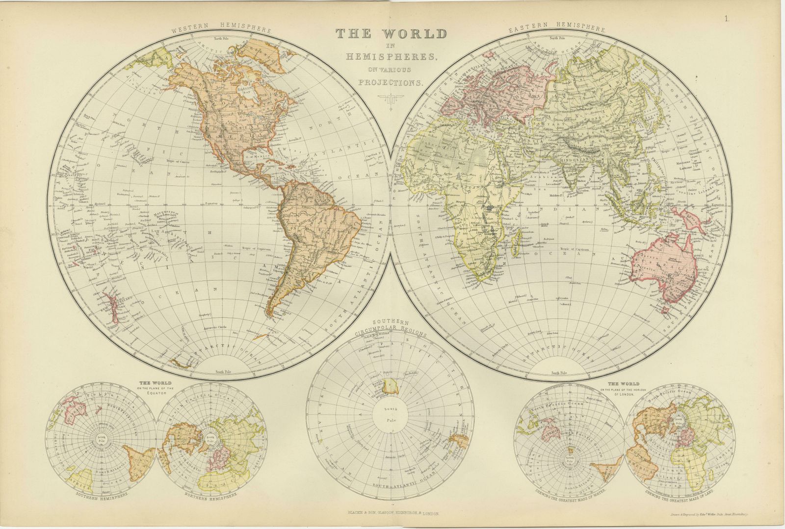 Antique Map Of The World In Hemispheres On Various Projections, 1882 photo Art