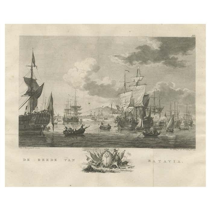 Old Print Of Voc Ships In The Sea Near Batavia (Jakarta, Indonesia) 1779