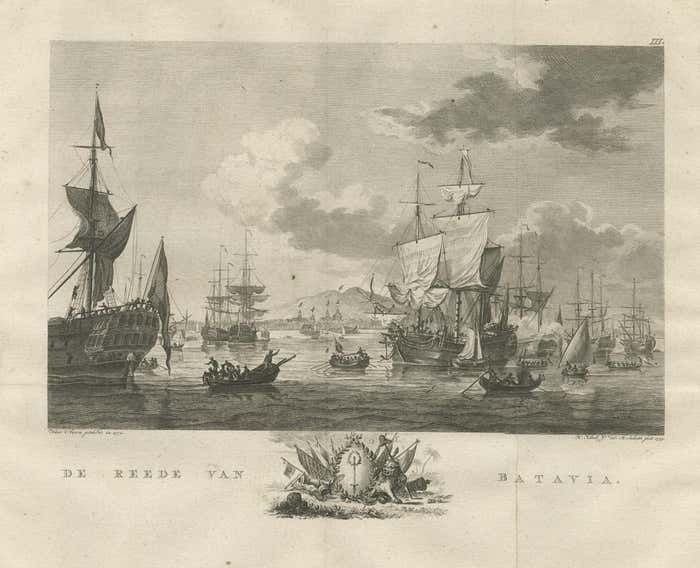 Old Print Of Voc Ships In The Sea Near Batavia (Jakarta, Indonesia) 1779 photo for sale