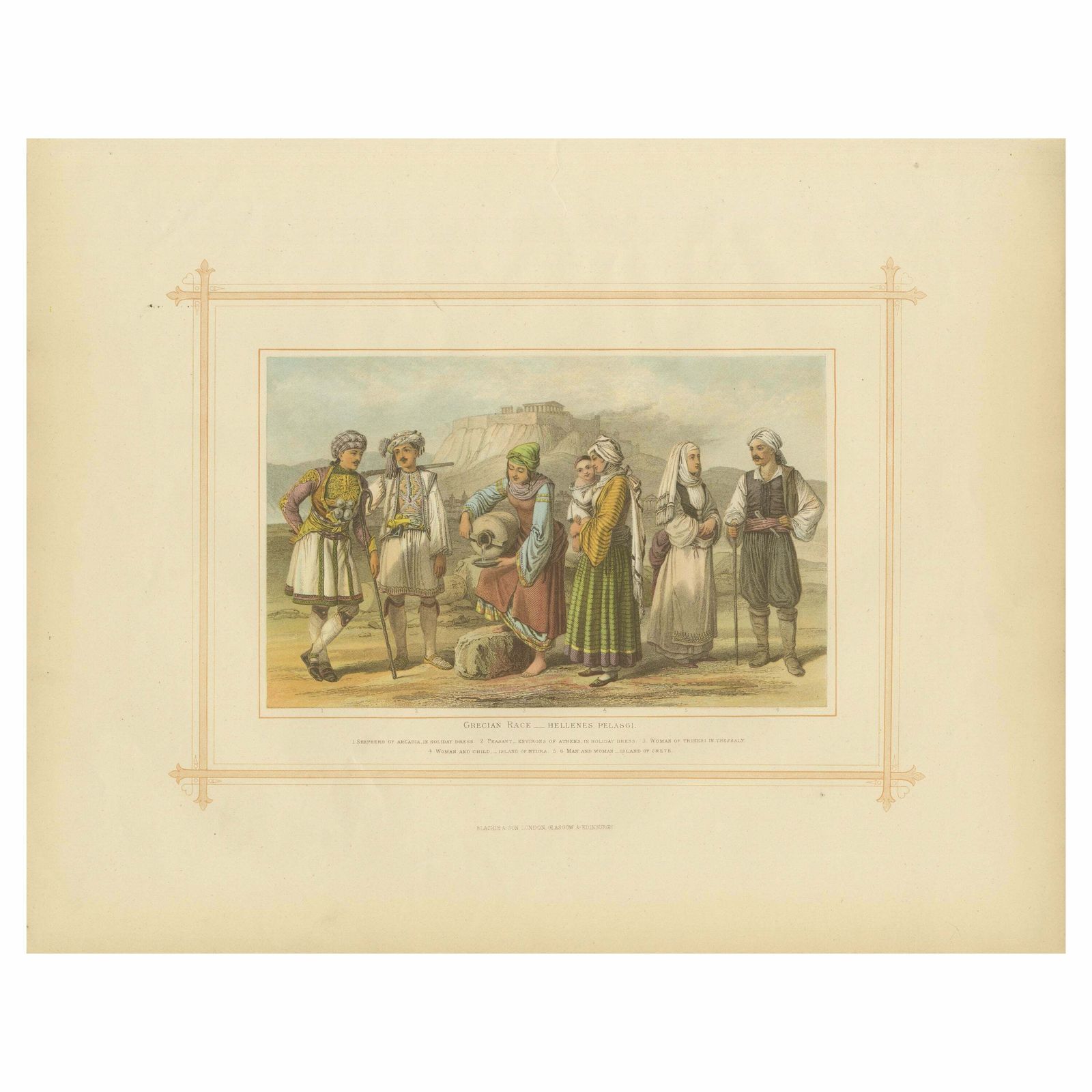 Antique Lithograph Of The Grecian Race, Hellenis Pelasgi, 1882