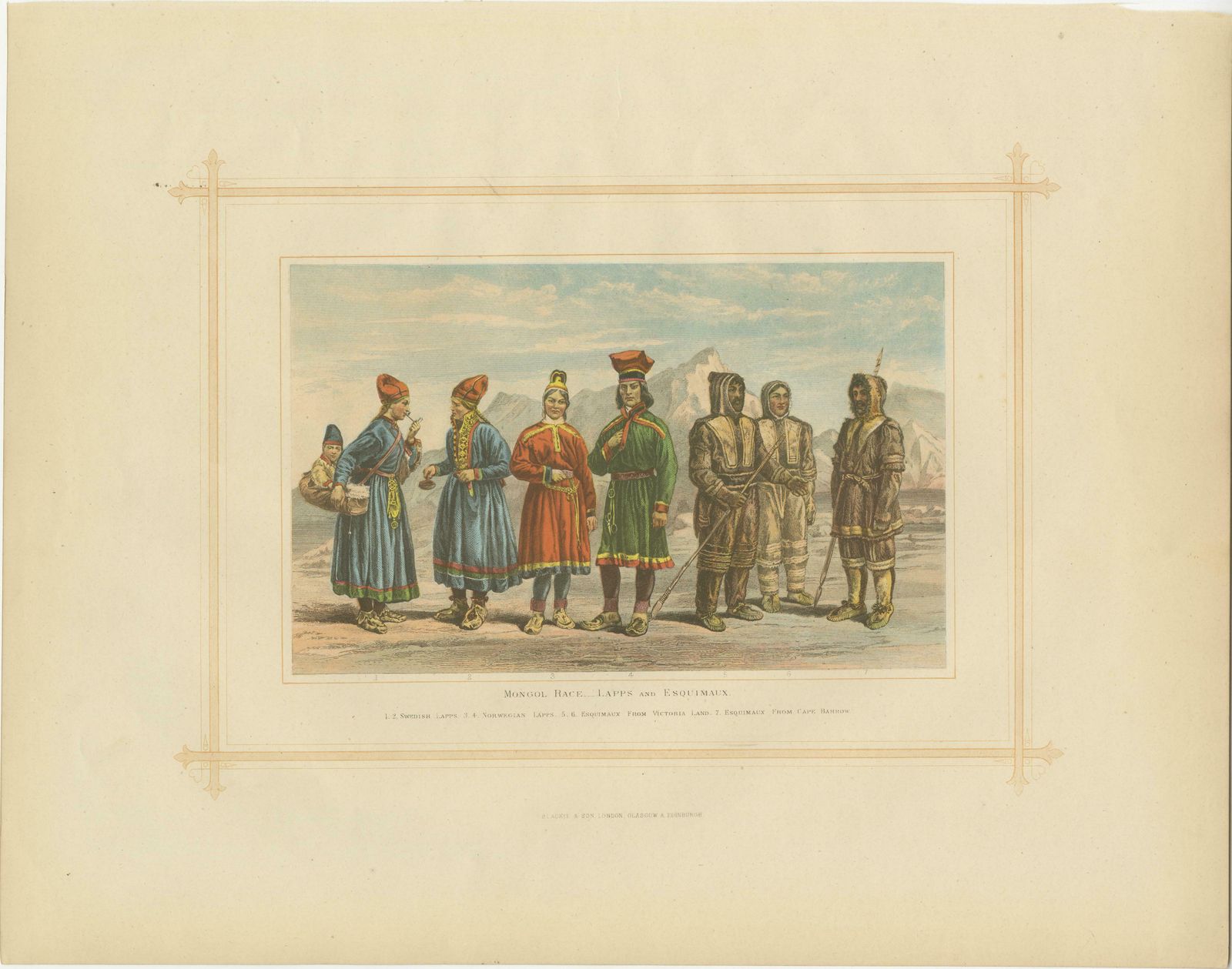 Antique Lithograph Of The Mongol Race, Lapps And Esquimaux, 1882 photo for sale