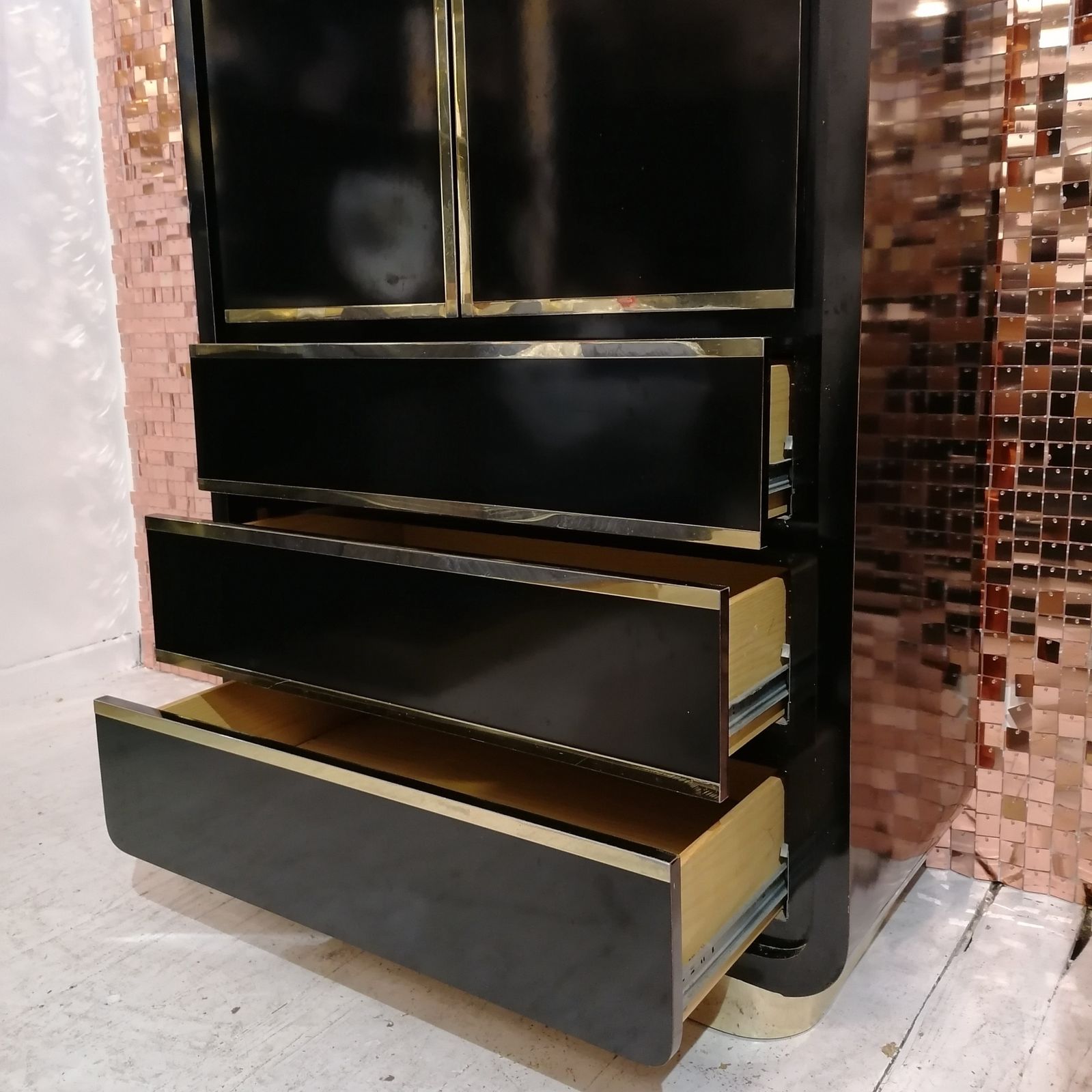 A Stunning Deco Revival 1980s American Black Laminate & Gold Tallboy Dresser photo Furniture
