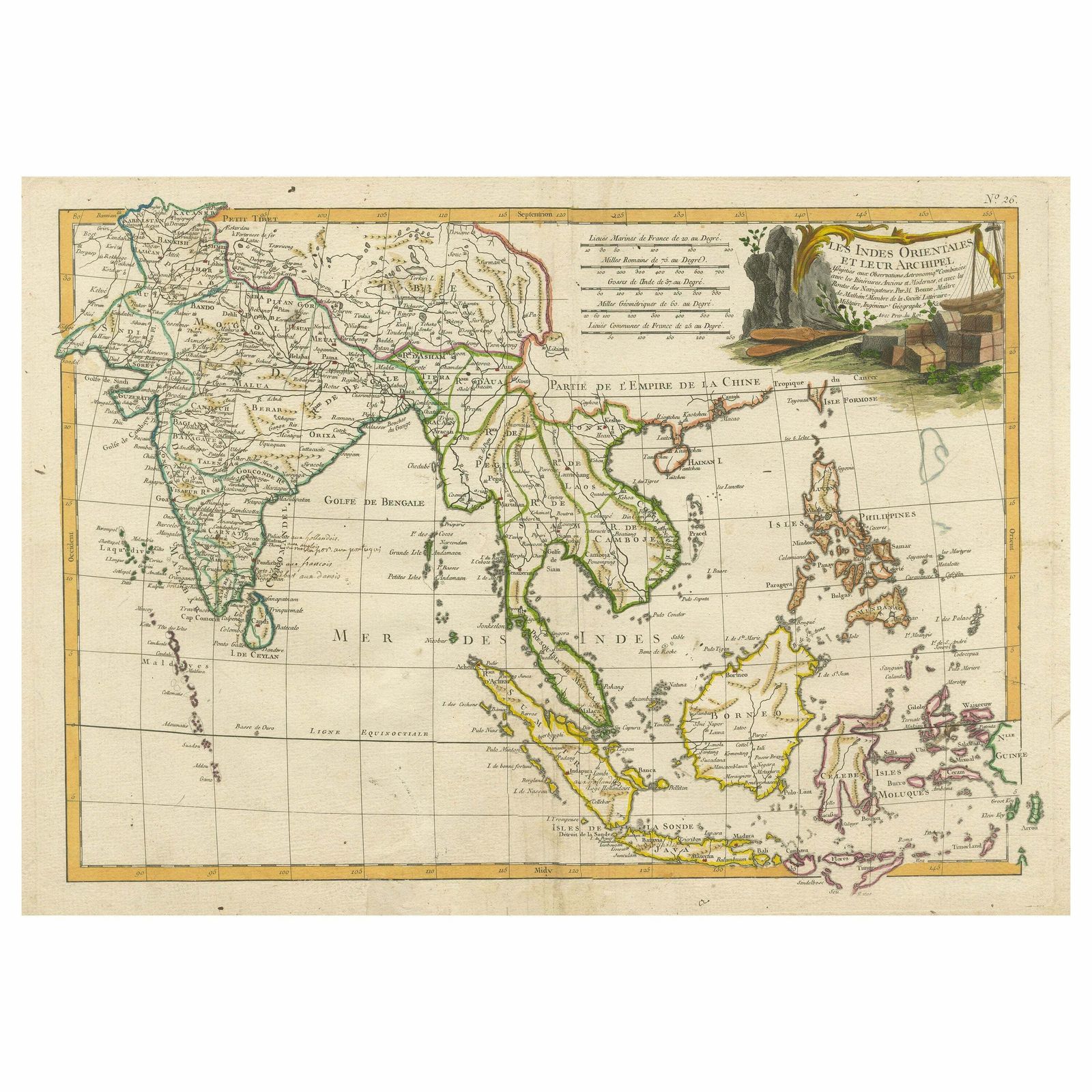 Antique Map Of Southeast Asia With Decorative Allegorical Cartouche