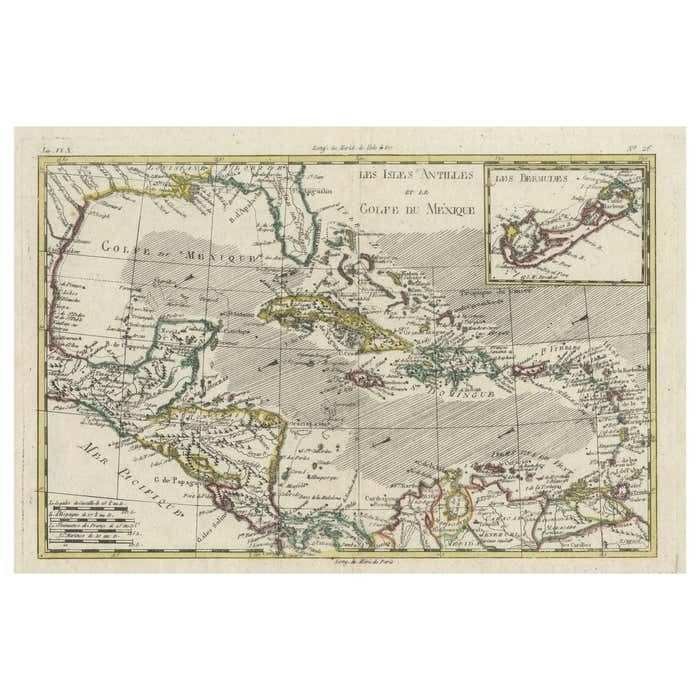 Original Engraving Of The West Indies, Gulf Of Mexico, Antilles, Caribbean, 1780