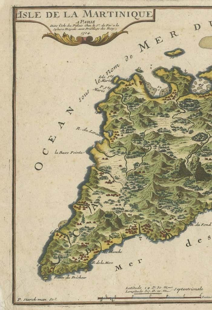 L'isle De La Martinique Caribbean Copper Engraving Original Handcoloring, 1704 photo Art