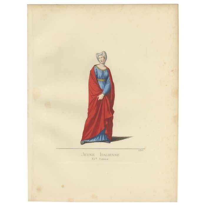 Antique Print Of A Young Italian Woman, 15th Century, By Bonnard, 1860