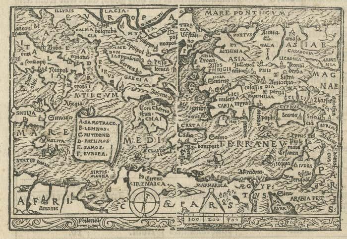 Rare And Interesting Small Antique Woodcut Map Of The Mediterranean photo for sale