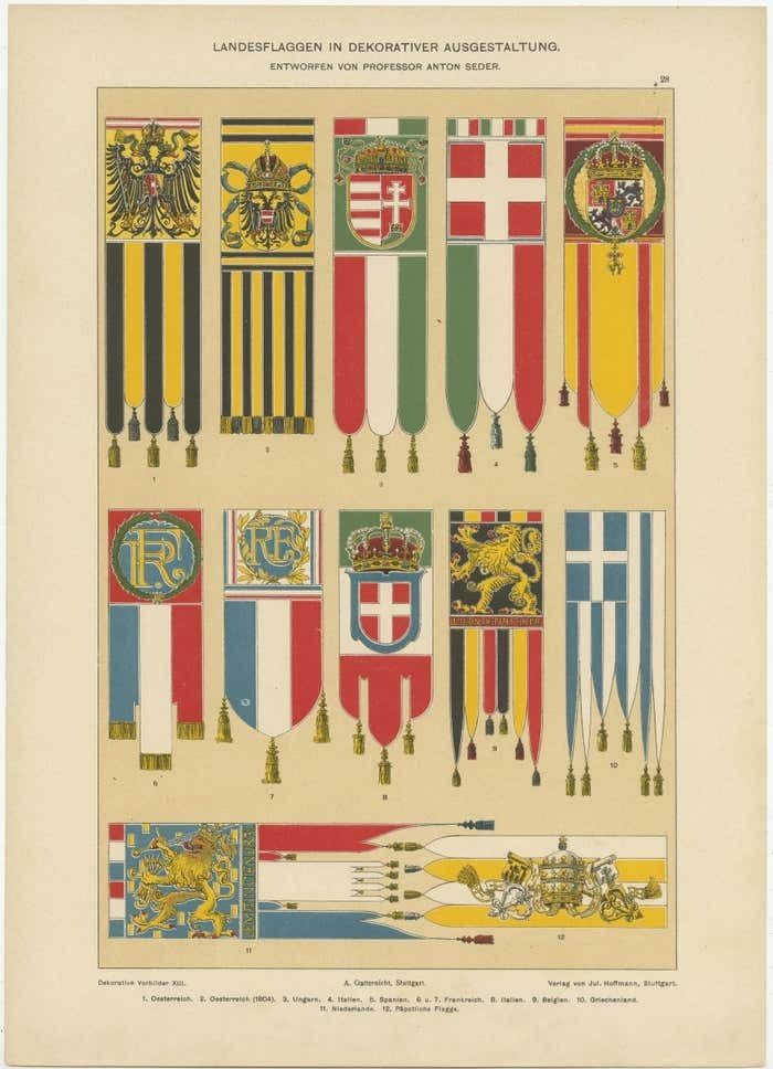 Chromolithograph With Flags Of Austria, Hungary, Italy And Other Countries photo furniture