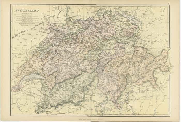 Original Antique Map Of Switzerland, 1882 photo 253.0
