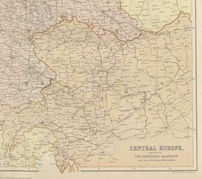 Antique Map Of Central Europe Showing The Railways And The Political Bounderies photo for sale