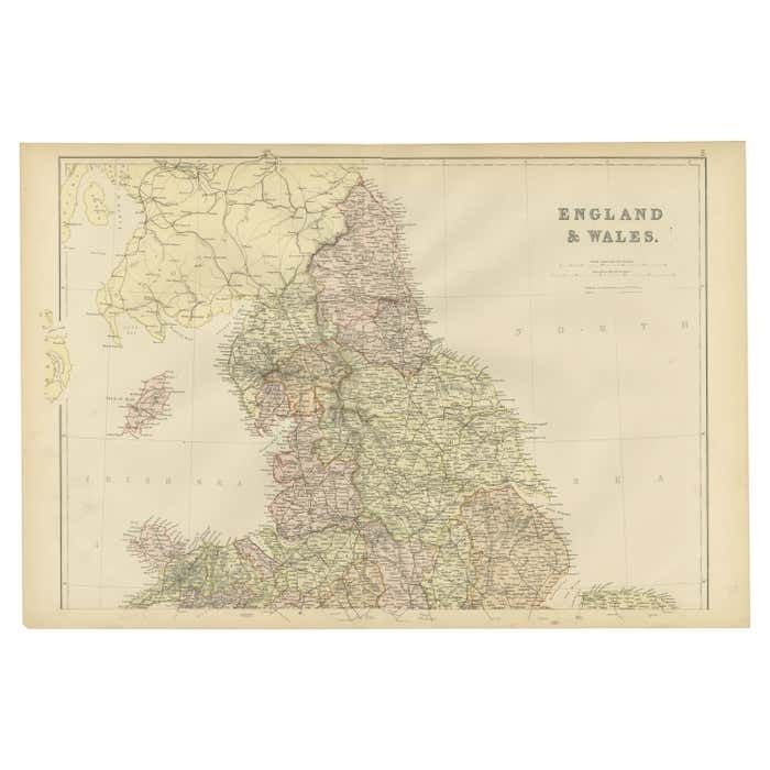 Colorful Detailed Antique Map Of England And Wales, 1882