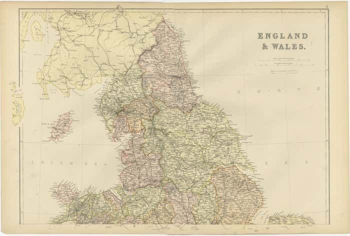 Colorful Detailed Antique Map Of England And Wales, 1882 photo 188.0