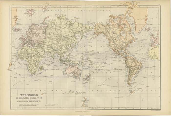 Colorful Detailed Antique Map Of The World On Mercators Projection, 1882 photo 275.0