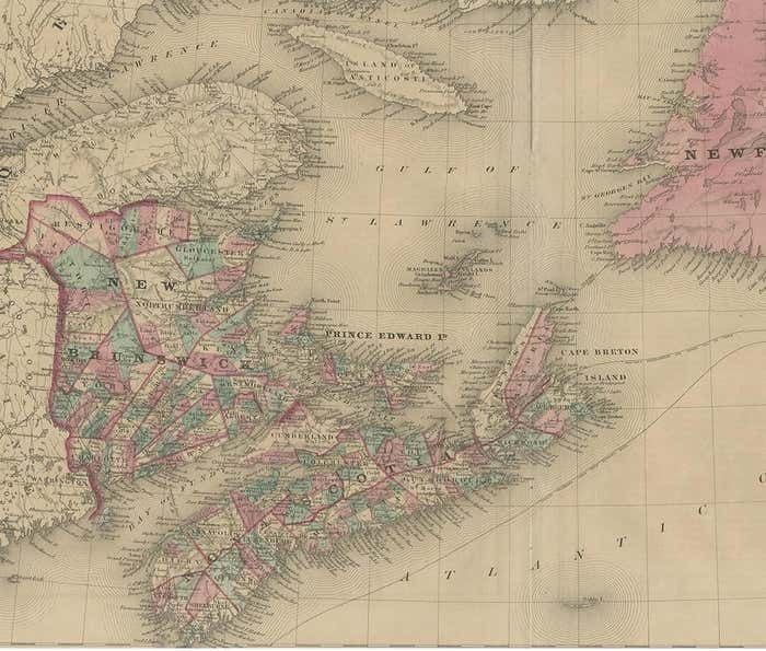 Antique Map Of New Brunswick, Nova Scotia And Surroundings By Johnson, 1872 photo for sale