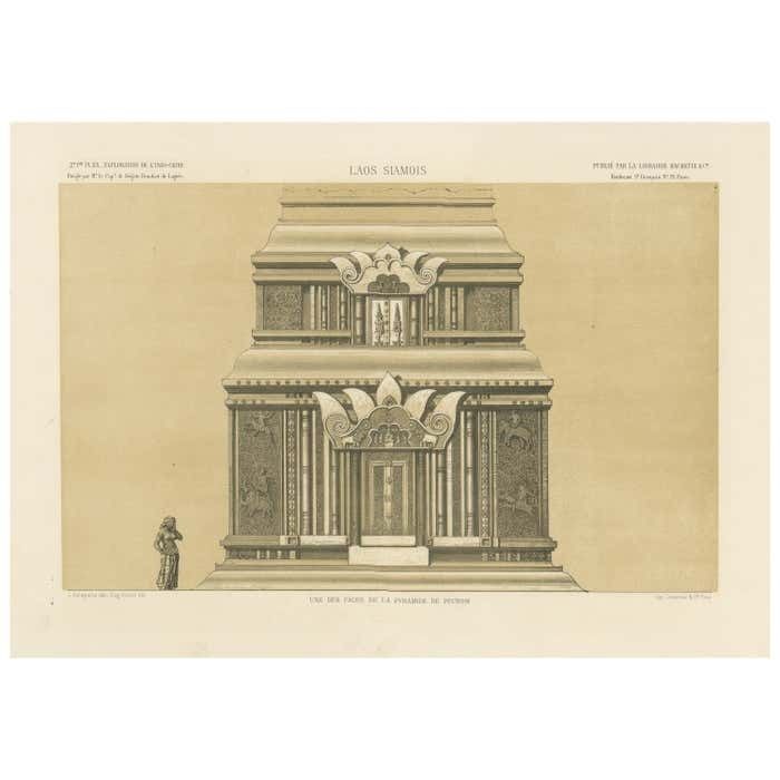 Large Antique Print Of The Peunom Pyramid, Laos