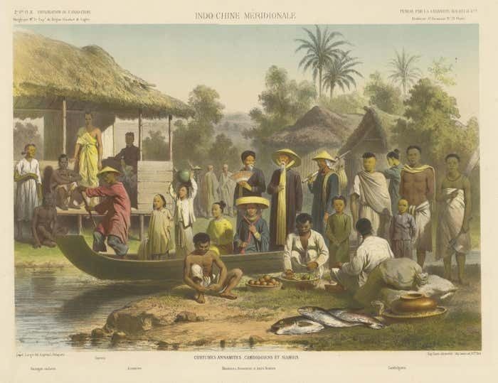 Large Antique Print Of Vietnamese, Cambodian And Siamese Costumes photo for sale