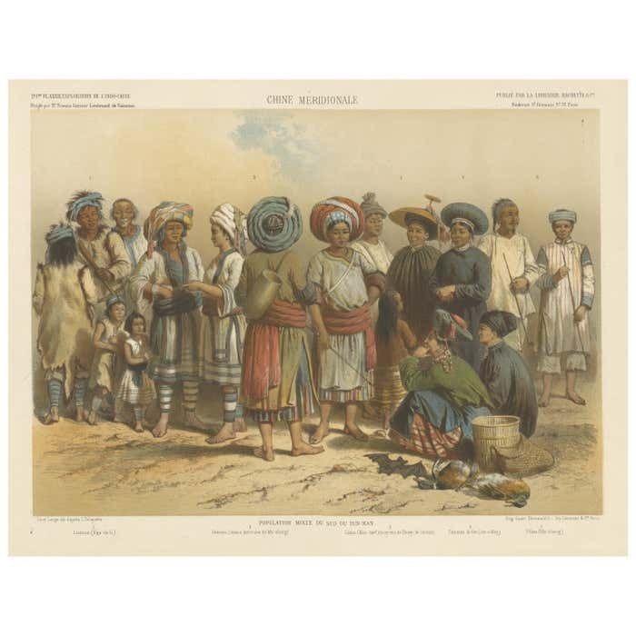 Large Antique Print With Mixed Populations Of Yunnan, Including Yi People, China