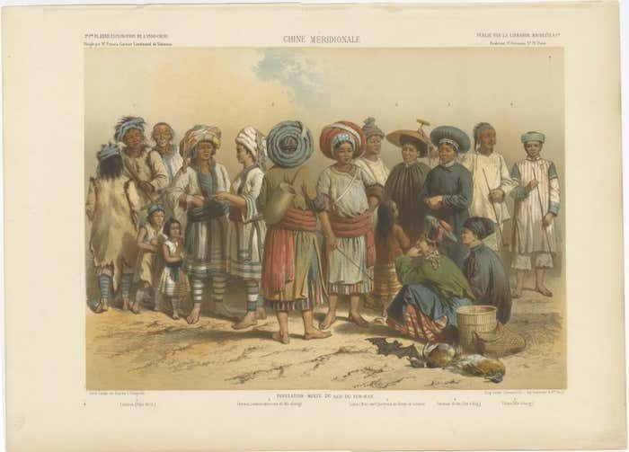 Large Antique Print With Mixed Populations Of Yunnan, Including Yi People, China photo furniture