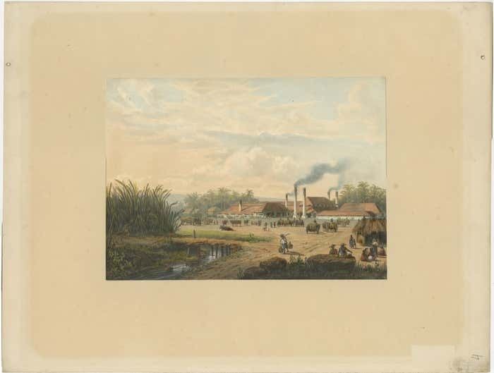 Original Chromolithograph Of A Sugar Factory In Java, Indonesia, 1872 photo furniture