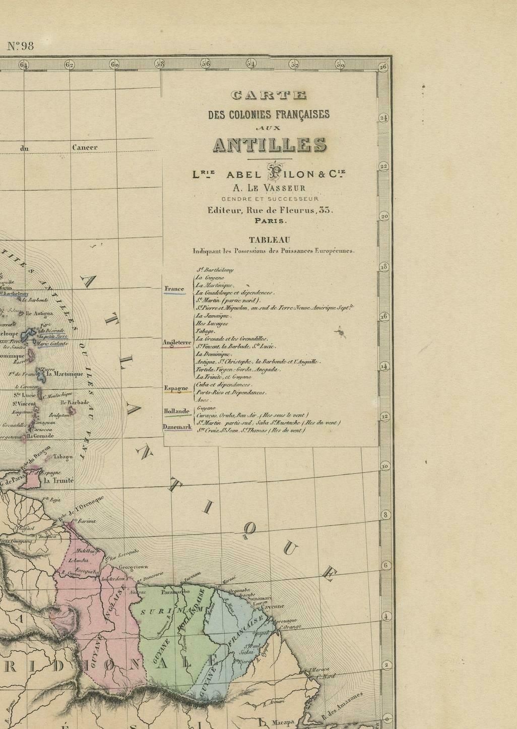 Authentique Map By Pilon Of The French Colonies In The West Indies, 1876 photo for sale