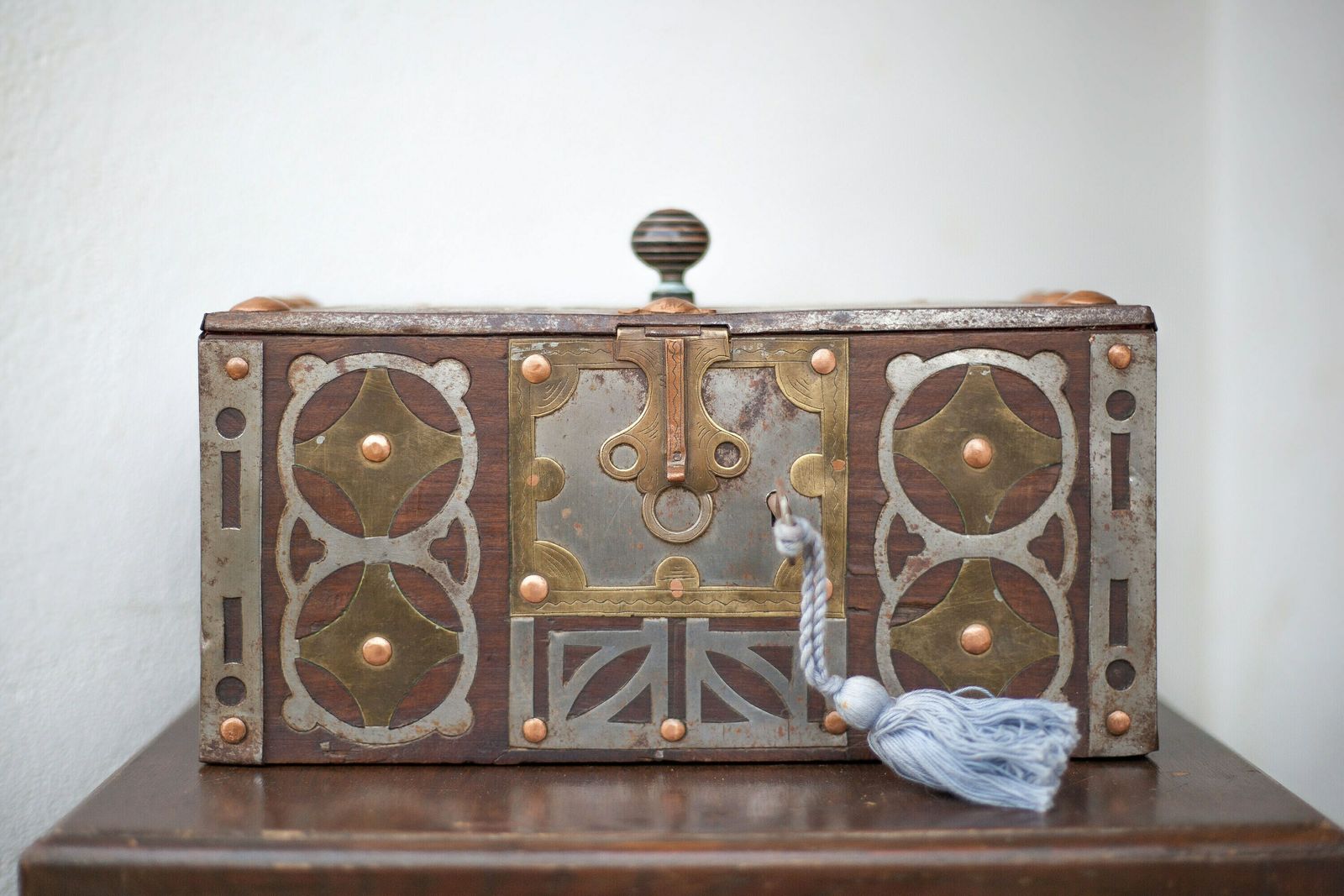 Old Mauritanian Box, Mauritania Tuareg Wooden Chest With Worked Metal And Copper Frame, Collection, Rare photo furniture