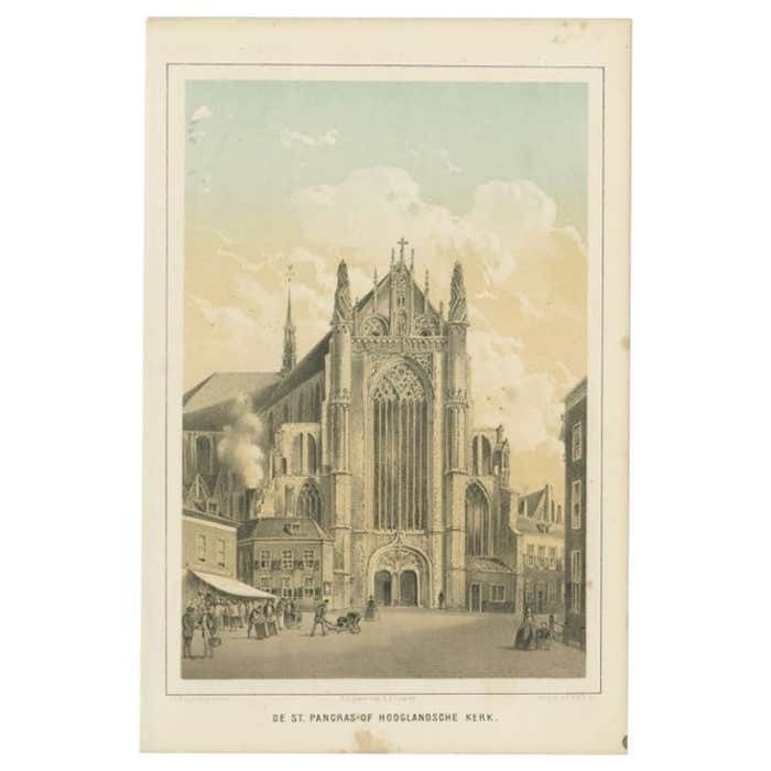 Antique Print Of The St. Pancras Church Of Leiden In The Netherlands, 1859