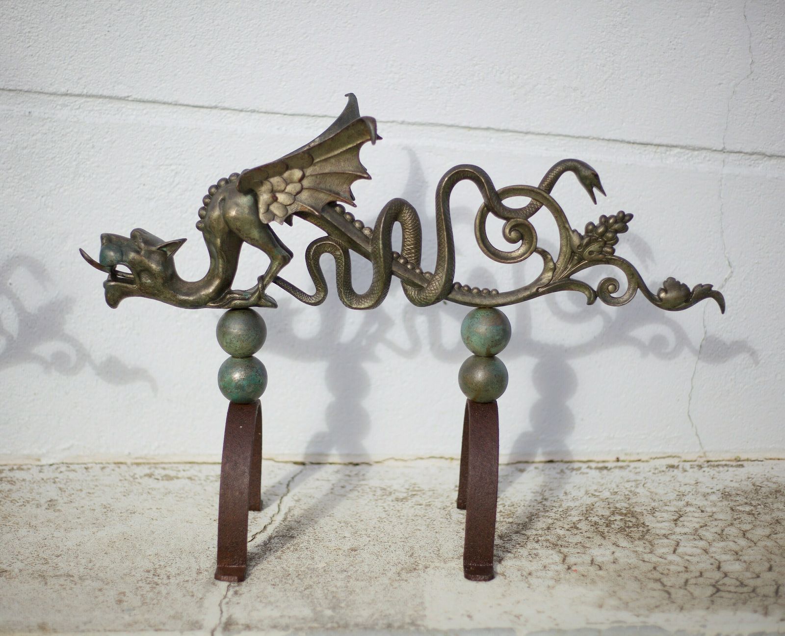 Pair Of Fireplace Andirons, Bronze And Cast Iron Andirons, Dragons, Chimeras, Griffins, Fireplace Accessories, Fireplace Hearth, Decor, Andirons photo Home Fixtures