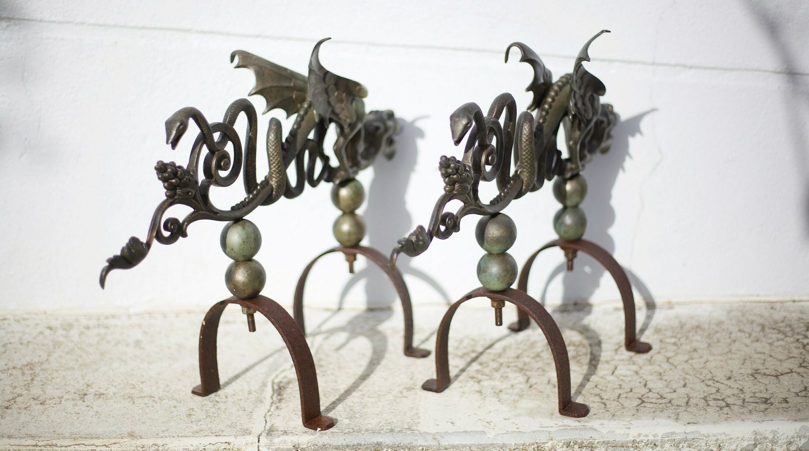 photo furniture Pair Of Fireplace Andirons, Bronze And Cast Iron Andirons, Dragons, Chimeras, Griffins, Fireplace Accessories, Fireplace Hearth, Decor, Andirons