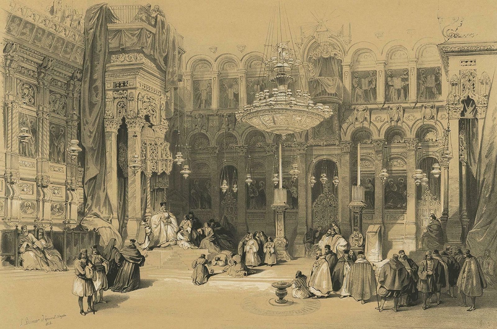 Old Lithograph Depicting The Greek Chapel Of The Holy Sepulchre, 1845 photo furniture