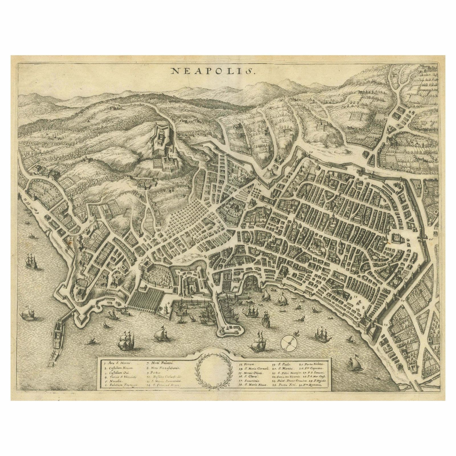 Antique Bird's Eye View Of The City Of Naples In Italy