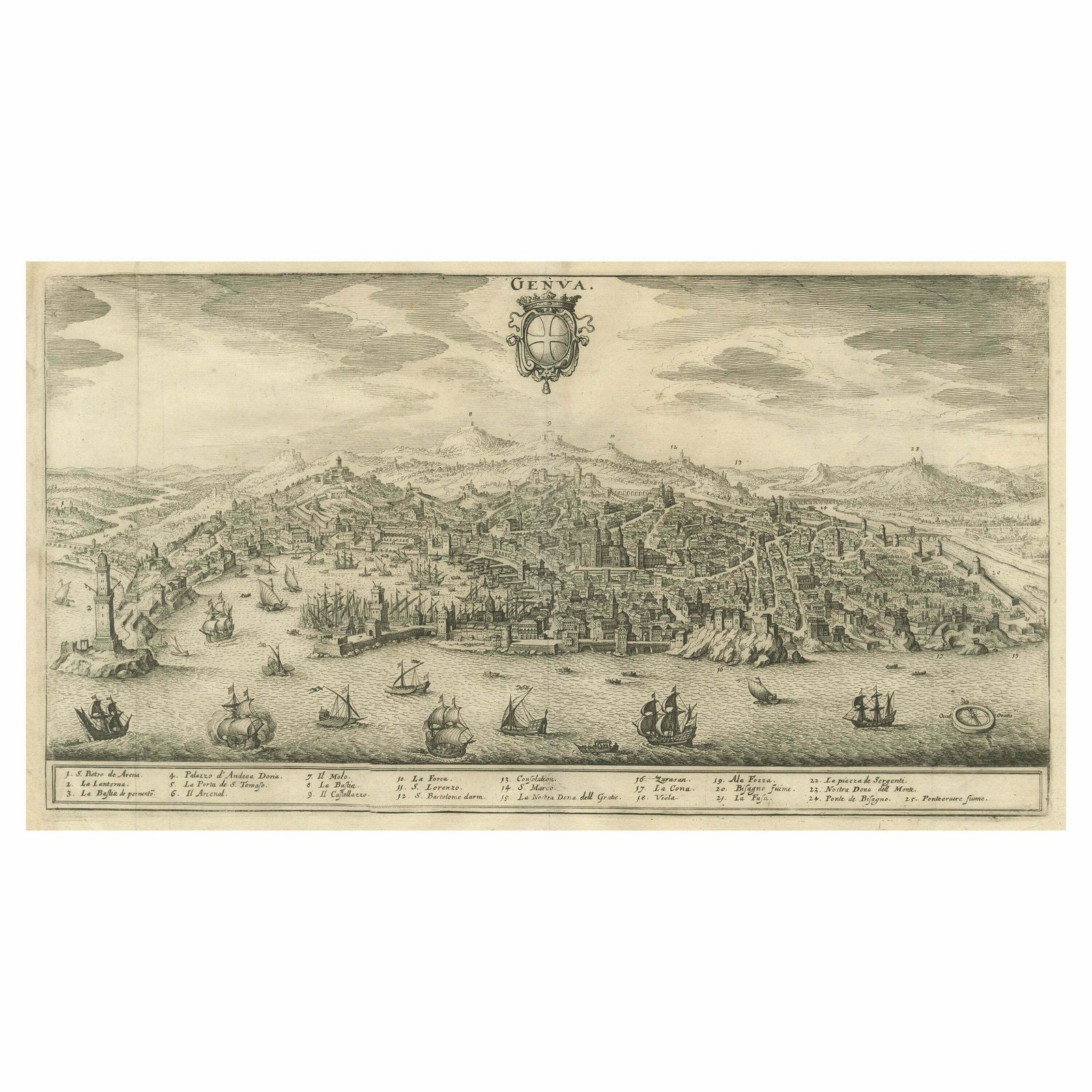 Original Antique Bird's Eye View Of The City Of Genoa