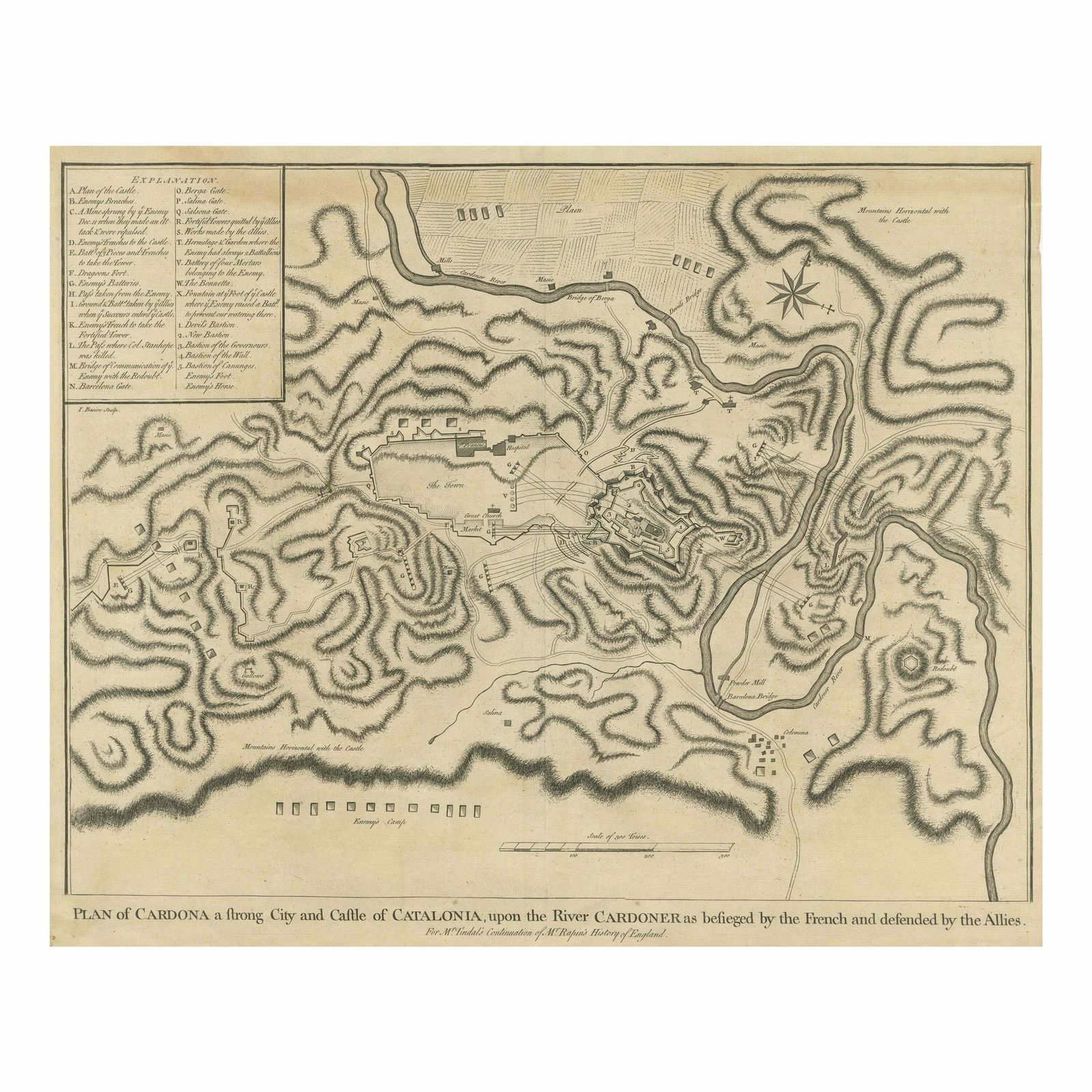 Antique Plan Of The Siege Of The Castle Of Cardona In 1714