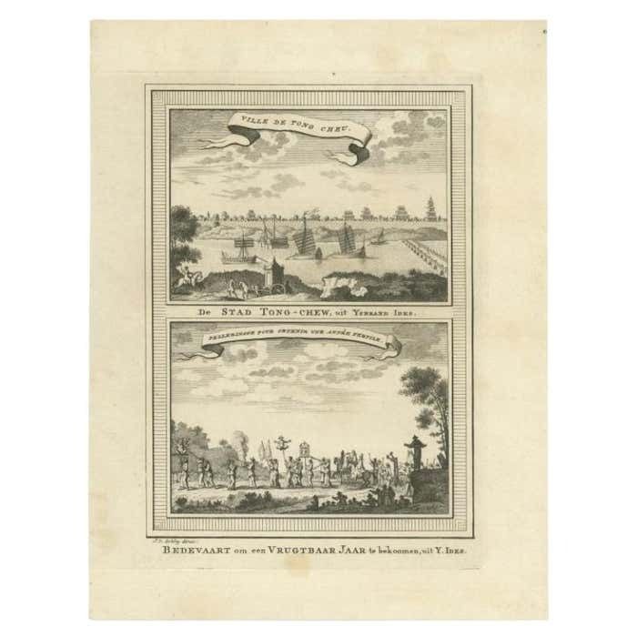 Antique Print Of Tongzhou And A Pilgrimage By Van Schley, 1749