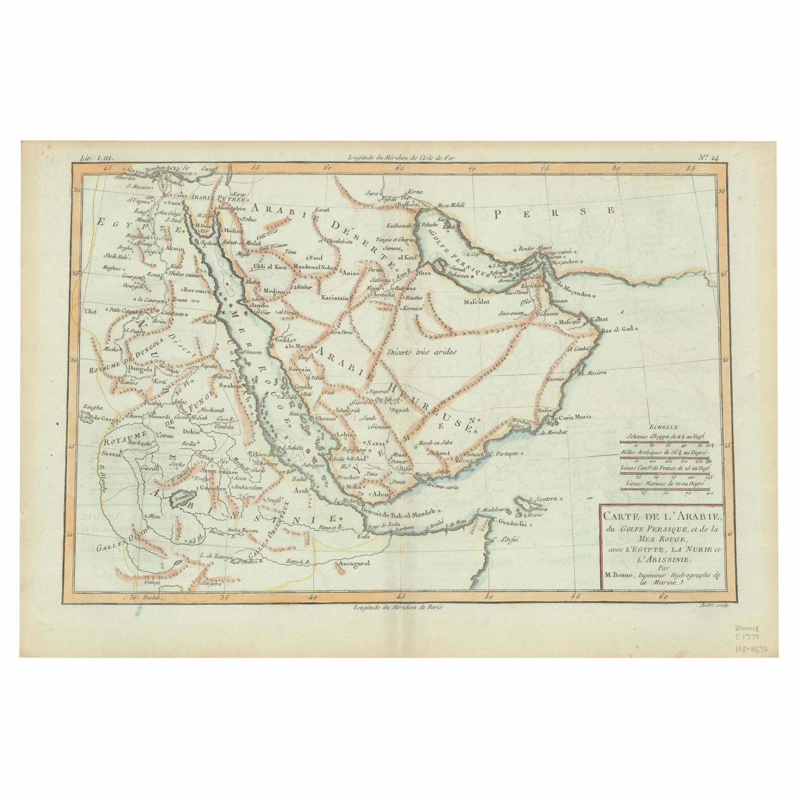 Old Map Of The Arabian Peninsula With Parts Of Egypt, Sudan, Eritrea & Ethiopia