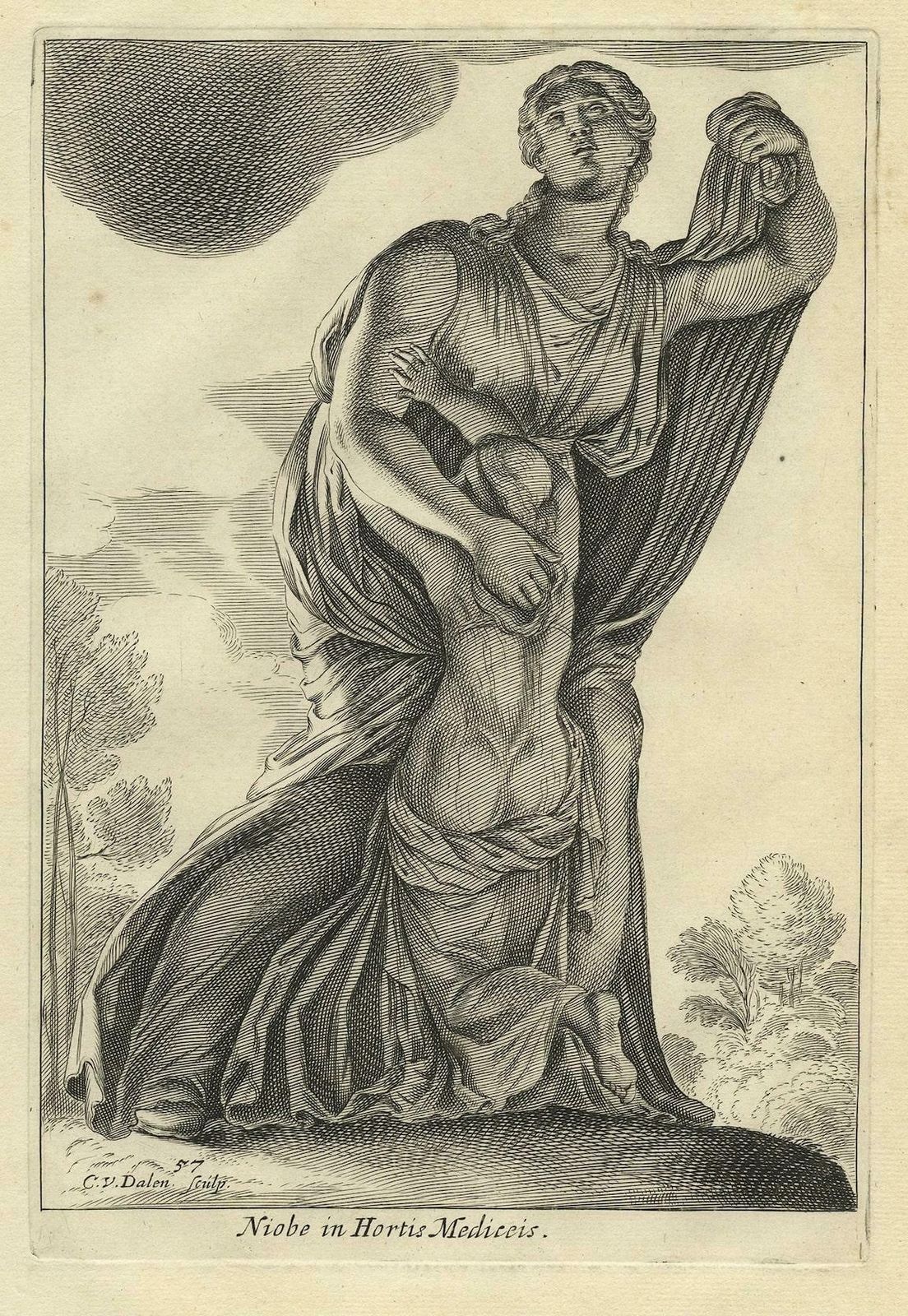 Original Antique Engraving Of The Statue Of Niobe In Rome, Italy, 1660 photo for sale
