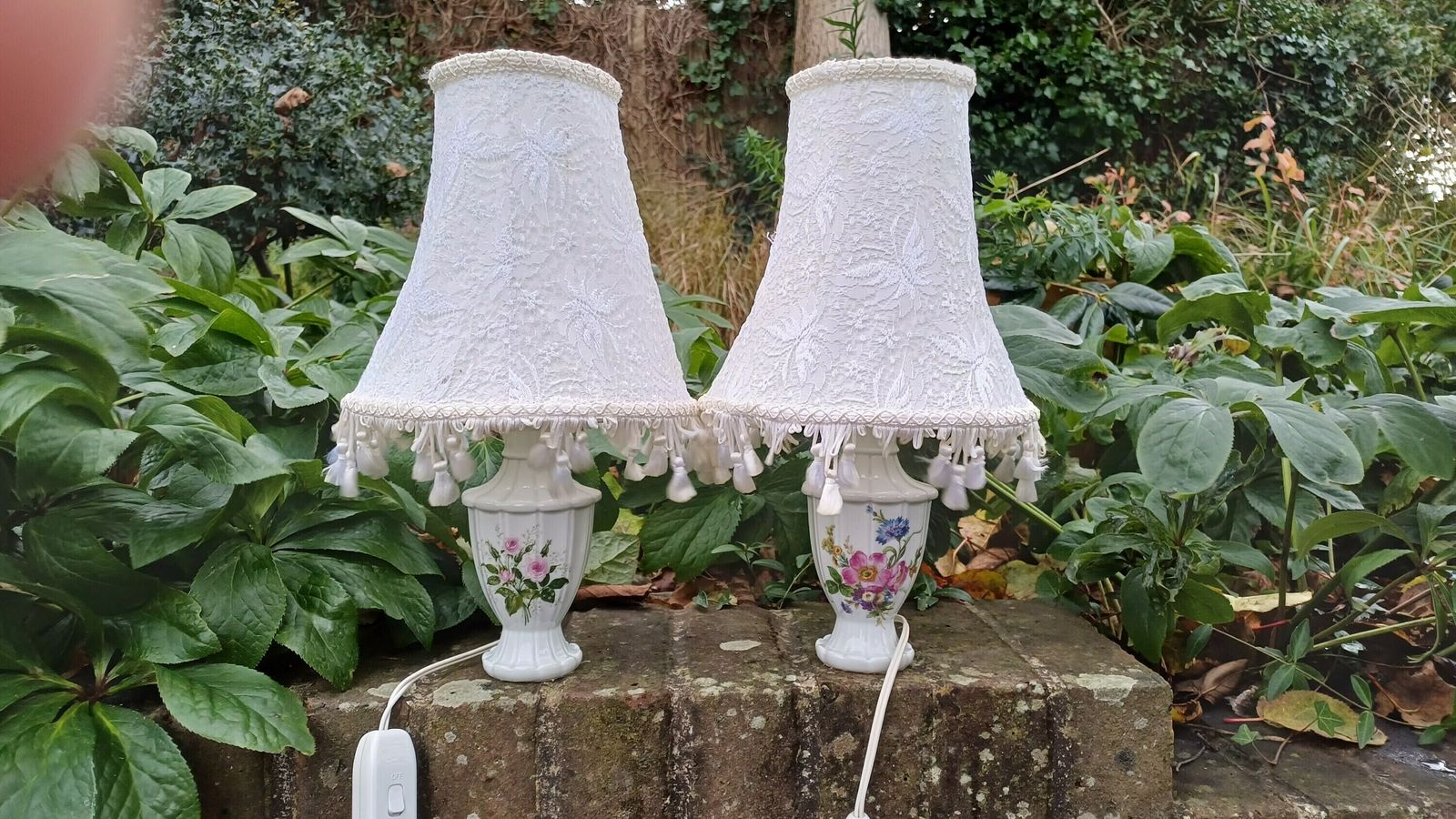 Pretty Pair Floral Porcelain Lamps And Frilly Shades   Authentic Vintage/Antique; One Roses And One Summer Blooms